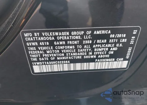 2017 Volkswagen Passat 1.8T R-Line из США, поврежденный, VIN 1VWDT7A30HC022064